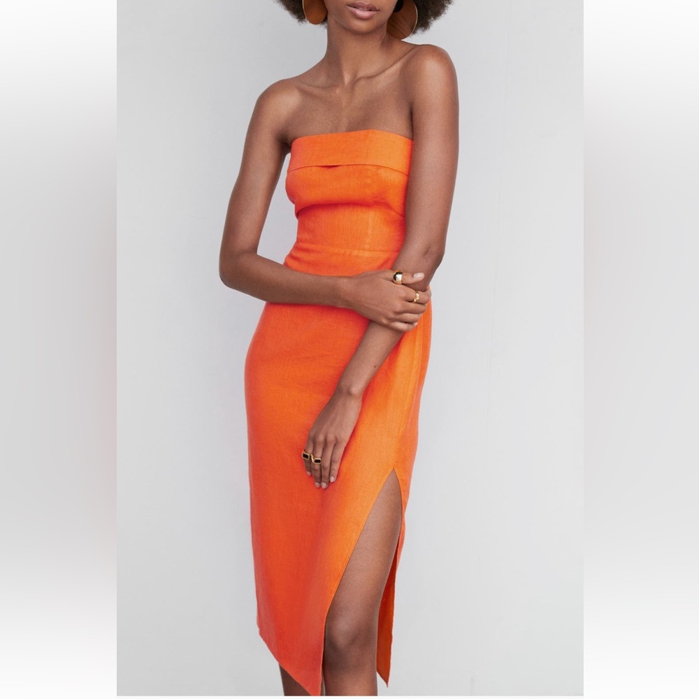 Mango Orange Strapless Linen Dress